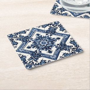 Mediterrane Tegels, Portugees, Azulejo, Majolica Vierkante Kartonnen Onderzetter