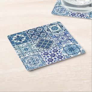 Mediterrane Tegels, Portugees, Azulejo, Majolica Vierkante Kartonnen Onderzetter