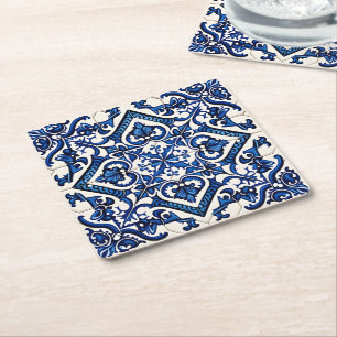 Mediterrane Tegels, Portugees, Azulejo, Majolica Vierkante Kartonnen Onderzetter