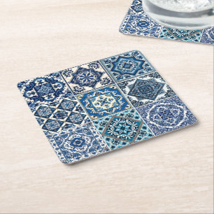 Mediterrane Tegels, Portugees, Azulejo, Majolica Vierkante Kartonnen Onderzetter