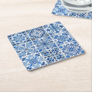 Mediterrane Tegels, Portugees, Azulejo, Majolica Vierkante Kartonnen Onderzetter