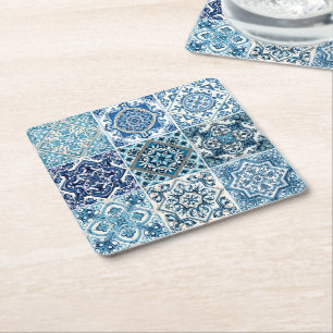 Mediterrane Tegels, Portugees, Azulejo, Majolica Vierkante Kartonnen Onderzetter