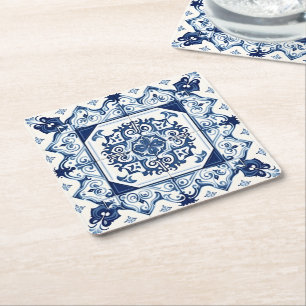 Mediterrane Tegels, Portugees, Azulejo, Majolica Vierkante Kartonnen Onderzetter