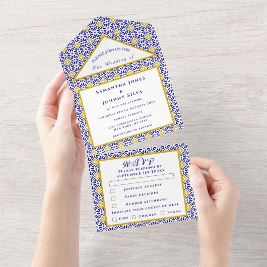 Mediterrane Tegels Portugees Rustiek Bruiloft All In One Uitnodiging (Afscheurbaar)