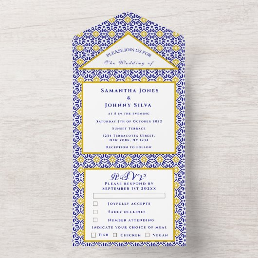 Mediterrane Tegels Portugees Rustiek Bruiloft All In One Uitnodiging (Binnen)