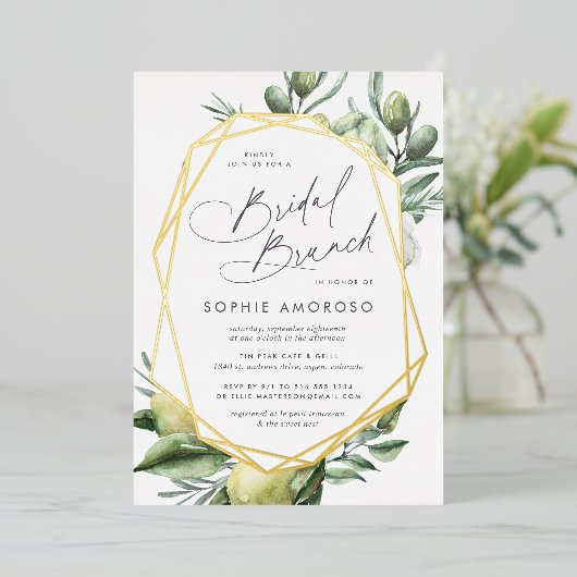 Mediterrane tuingroene botanische bridal Brunch Folie Uitnodiging (Staand Voorkant)