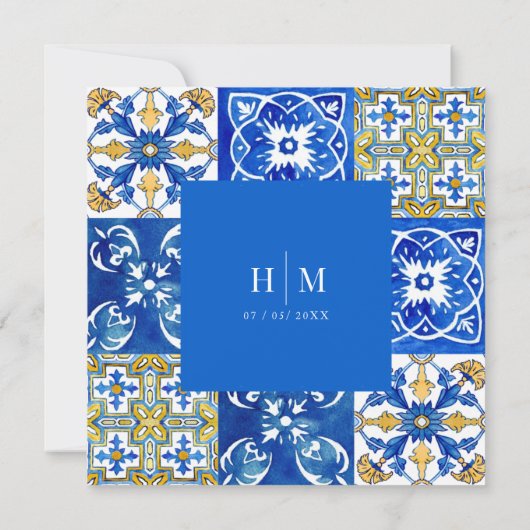Mediterrane zomer moderne blauwe bruiloft kaart (Achterkant)