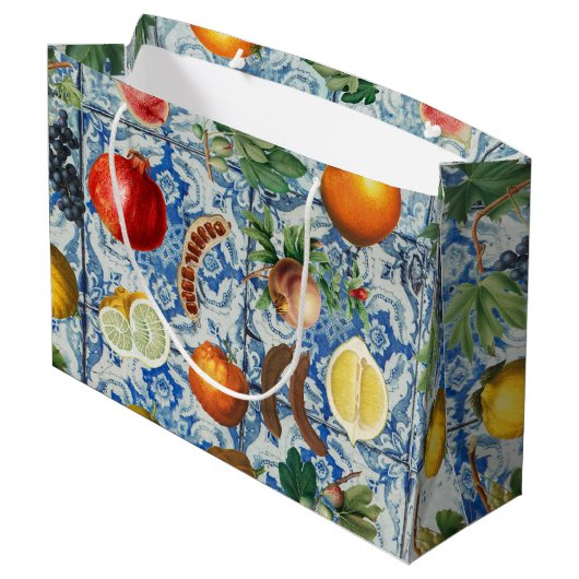 Mediterrane zomerfruit en blauwe witte mozaïek groot cadeauzakje