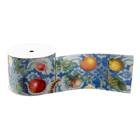 Mediterrane zomerfruit en blauwe witte mozaïek grosgrain lint (Spoel)