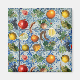 Mediterrane zomerfruit en blauwe witte mozaïek magneet