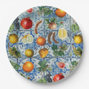 Mediterrane zomerfruit en blauwe witte mozaïek papieren bordje