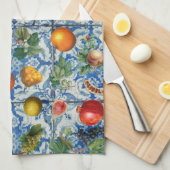 Mediterrane zomerfruit en blauwe witte mozaïek theedoek (Quarter Fold)