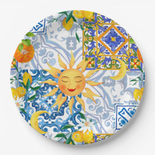 Mediterrane zon, bloemen, citroen, halve maan, papieren bordje