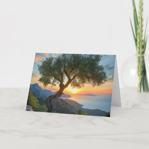 Mediterrane zonsondergang over het Zee met olijfbo Kaart