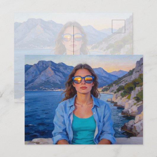 Mediterrane Zonsondergang Reflecties – Moderne Kus Briefkaart (Voorkant / Achterkant)