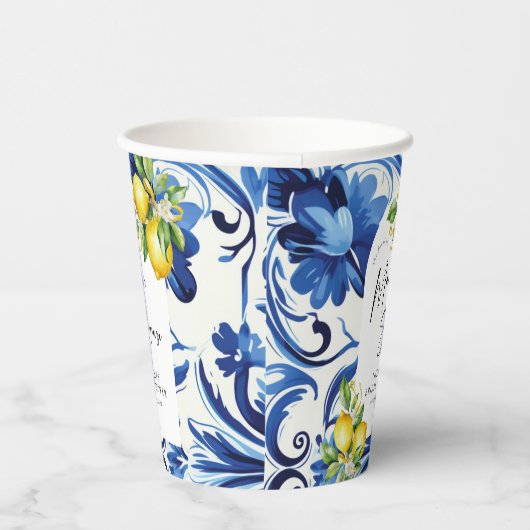Mediterranean Blue Tiles Lemons Bridal Shower Papieren Bekers (Rechts)
