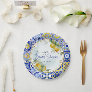 Mediterranean Blue Tiles Lemons Bridal Shower Papieren Bordje