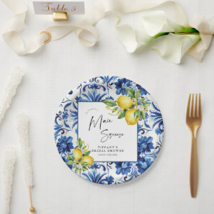 Mediterranean Blue Tiles Lemons Bridal Shower Papieren Bordje