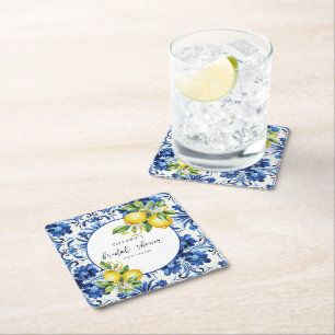 Mediterranean Blue Tiles Lemons Bridal Shower Vierkante Kartonnen Onderzetter