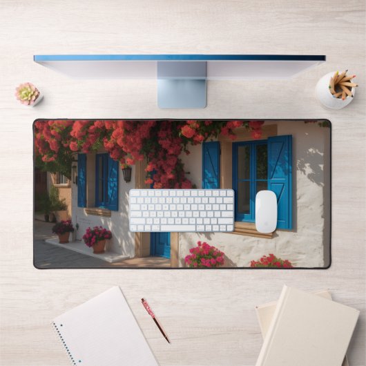 Mediterranean Blue Window Floral House Desk Mat (Bureau 1)