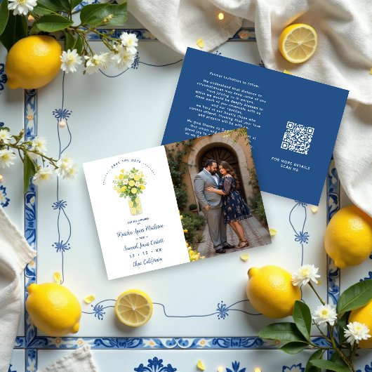 Mediterranean Chic Blue Floral Arrangement Lemons Save The Date