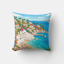 Mediterranean Coastal Village Beach Throw Pillow Kussen