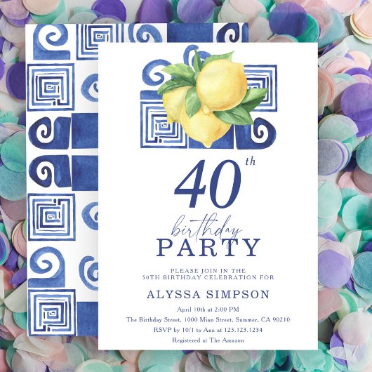 Mediterranean Lemon 40th Birthday Invitation Kaart