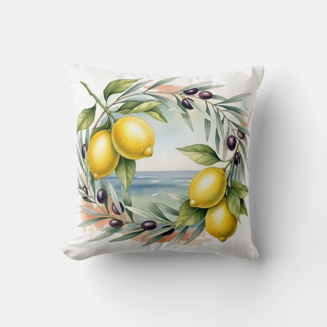 Mediterranean Lemon and Olive Branch Watercolor  Kussen (Voorkant)