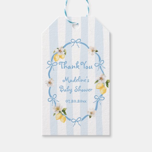 Mediterranean Lemon Blue Bows Baby shower Cadeaulabel (Voorkant)