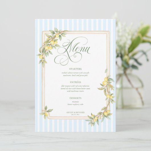 Mediterranean Lemon Coastal Stripe Wedding Menu (Staand voorkant)