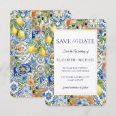 Mediterranean Lemon Tile Blue Floral Citrus Save The Date (Voorkant / Achterkant)
