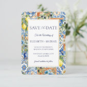Mediterranean Lemon Tile Blue Floral Citrus Save The Date (Staand voorkant)