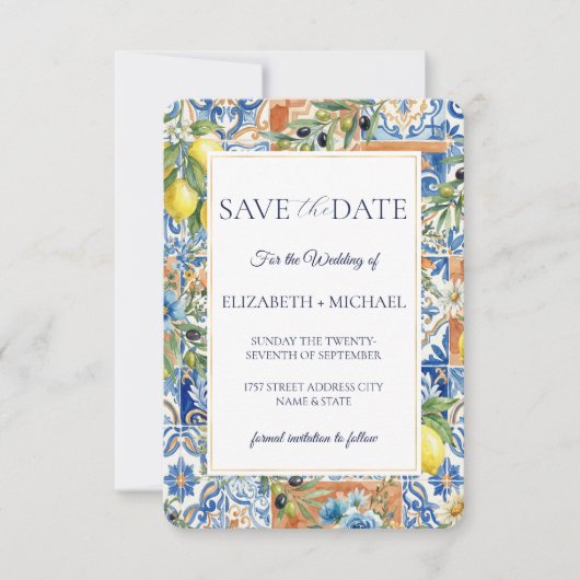 Mediterranean Lemon Tile Blue Floral Citrus Save The Date (Voorkant)