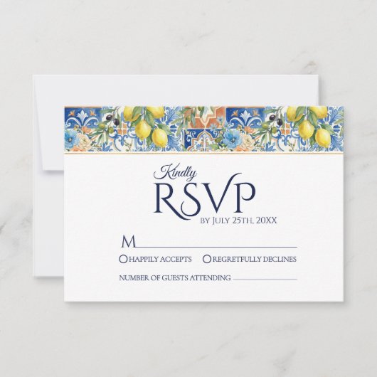 Mediterranean Lemon Tile Blue Wedding RSVP Cards (Devant)