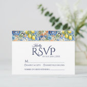 Mediterranean Lemon Tile Blue Wedding RSVP Cards (Debout devant)