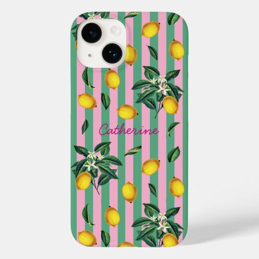 Mediterranean Lemons Pink Green Stripes Name Case-Mate iPhone Case (Achterkant)