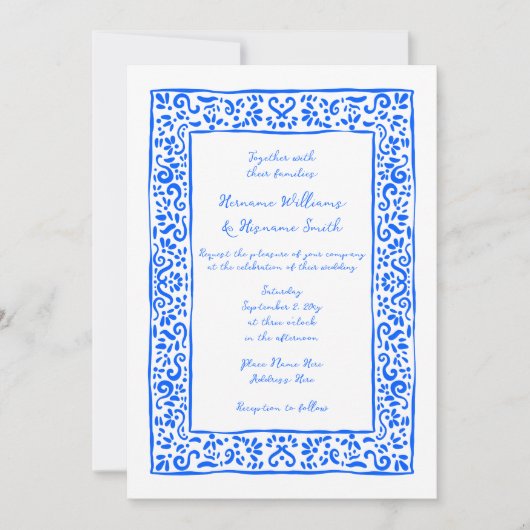 Mediterranean RSVP QR Hand Drawn Blue Wedding Kaart (Voorkant)