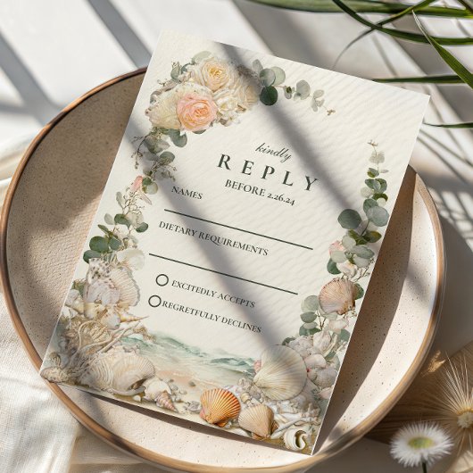 Mediterranean Seashell Botanical Wedding RSVP Kaartje