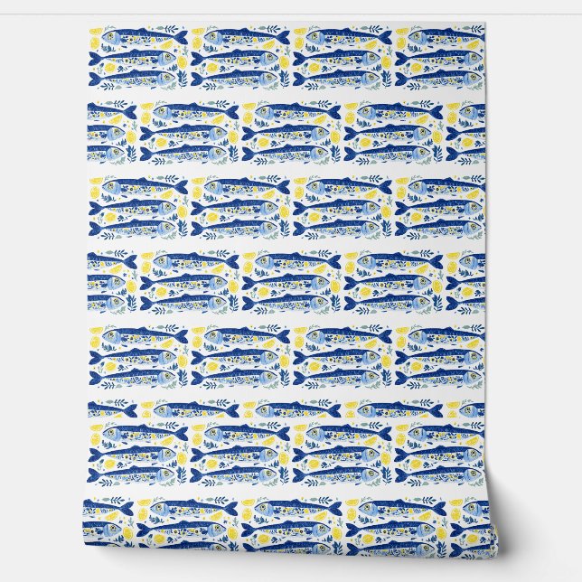 Mediterranean Summer Blue and Yellow Sardines Behang (Afrollen)