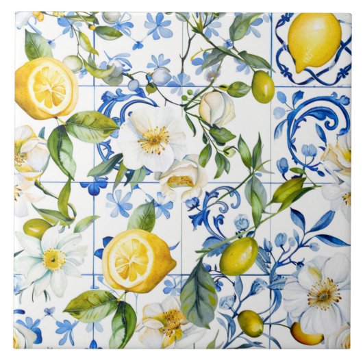 Mediterranean Watercolor Blue Pattern and Citrus Tegeltje (Voorkant)