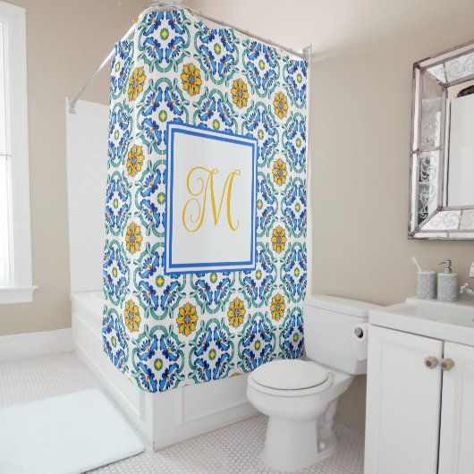 Mediterranean Yellow Blue Monogram Douchegordijn (In situ)