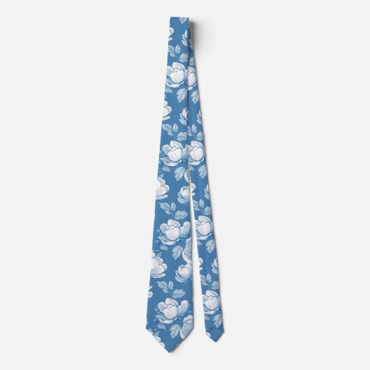 Medium Blauw en Wit Chinoiserie Bloemen Stropdas (Voorkant)