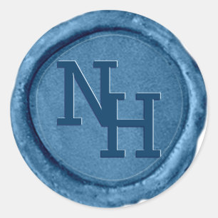 Medium Blauw Wax Seal Monogram Initialen Bruiloft Ronde Sticker