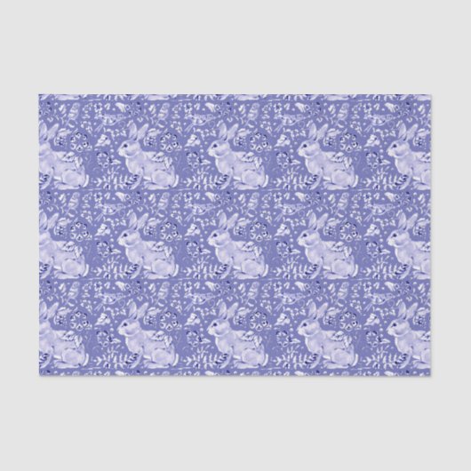 Medium Blue Rabbit Bunny Bird Floral Chinoiserie Tissuepapier (Voorkant)