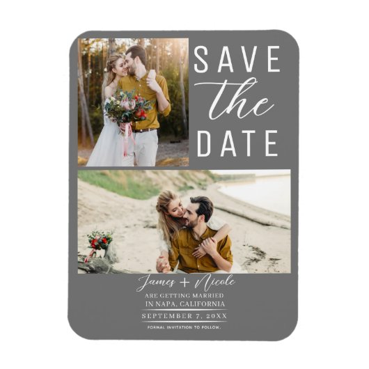 Medium grijs Modern 2 foto's Save the Date Wedding Magneet (Verticaal)