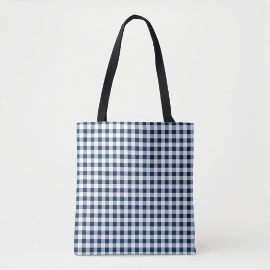 Medium Navy Blauw en Wit Gingham Check Draagtas (Voorkant)