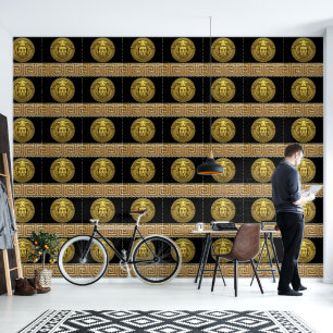 Medusa en Griekse Sleutel Goud op Zwarte Ontwerper Behang