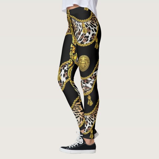 Medusa Exotica Leopard en Gouden Tassel Zwart Leggings (Links)