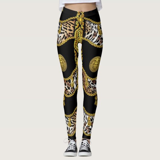 Medusa Exotica Leopard en Gouden Tassel Zwart Leggings (Voorkant)