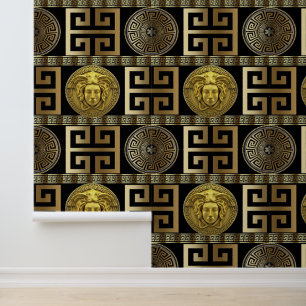 Medusa Griekse Sleutel Goud op Zwarte Ontwerper Behang